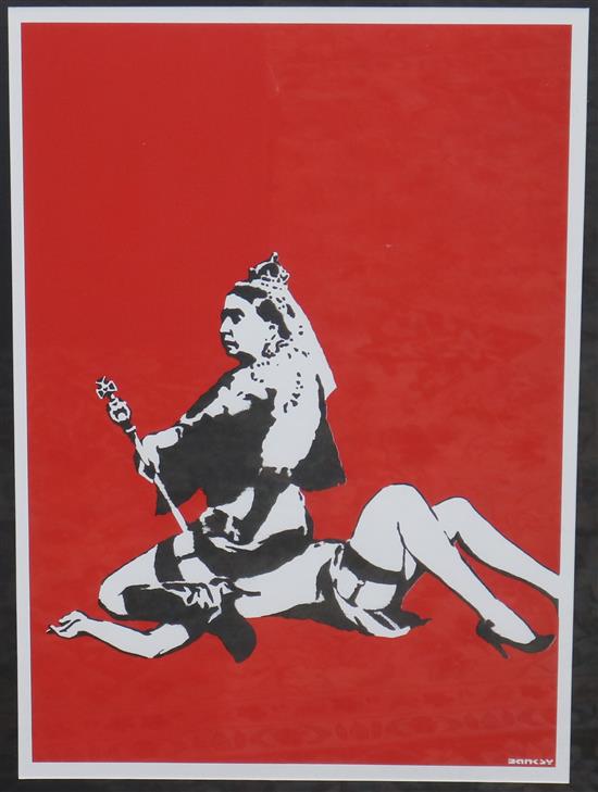 After Banksy, Queen Vic, screen print, unsigned, 26.5 x 19in.